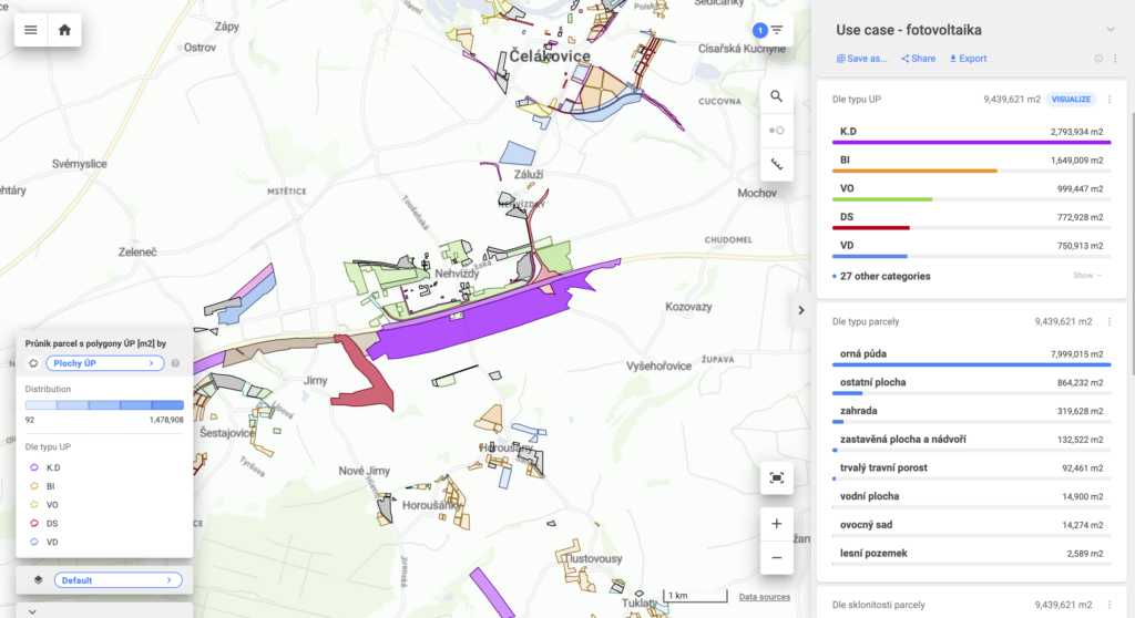 Parcely vizualizované dle typu územního plánu